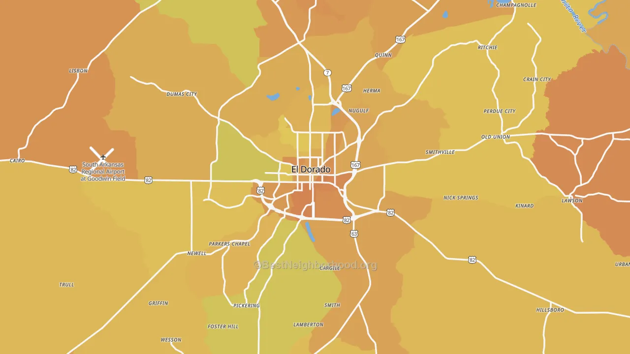 Map of the best neighborhoods in the 71730 area, with better matches in green and worse matches in red
