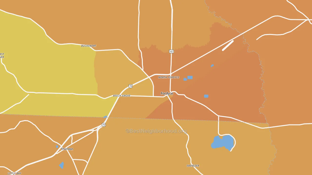 Map of the best neighborhoods in the 71742 area, with better matches in green and worse matches in red