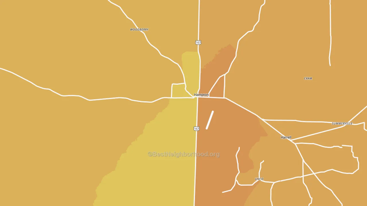 Map of the best neighborhoods in the 71744 area, with better matches in green and worse matches in red