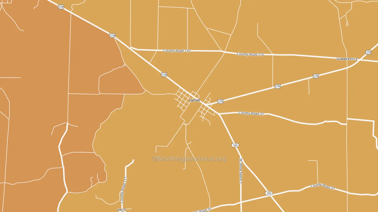 Map of the best neighborhoods in the 71745 area, with better matches in green and worse matches in red