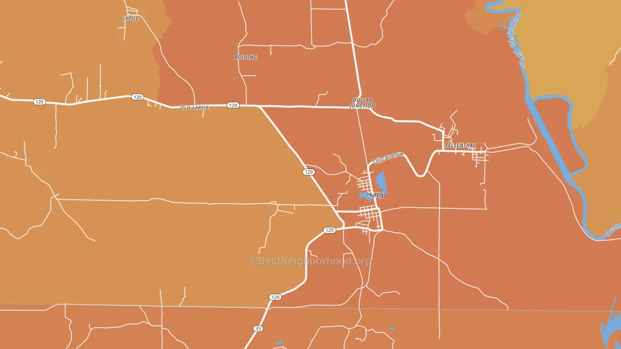 Map of the best neighborhoods in the 71747 area, with better matches in green and worse matches in red