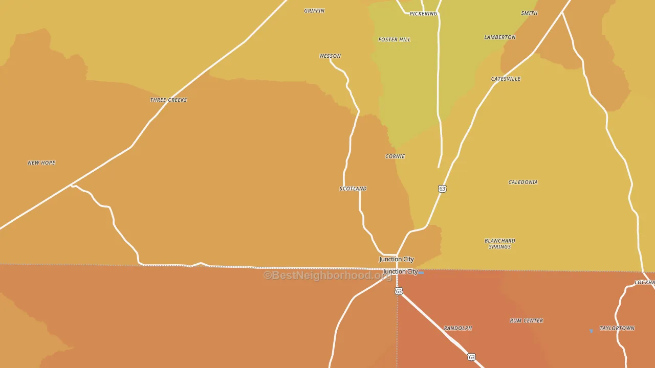 Map of the best neighborhoods in the 71749 area, with better matches in green and worse matches in red