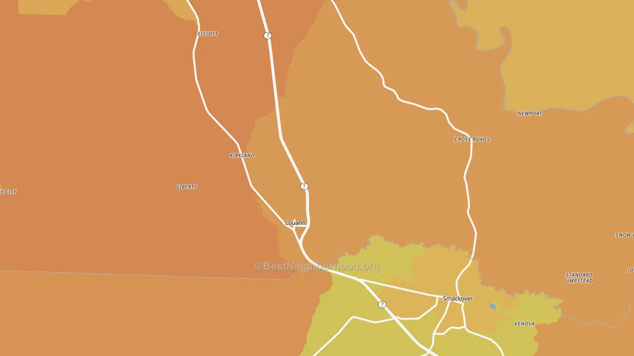 Map of the best neighborhoods in the 71751 area, with better matches in green and worse matches in red