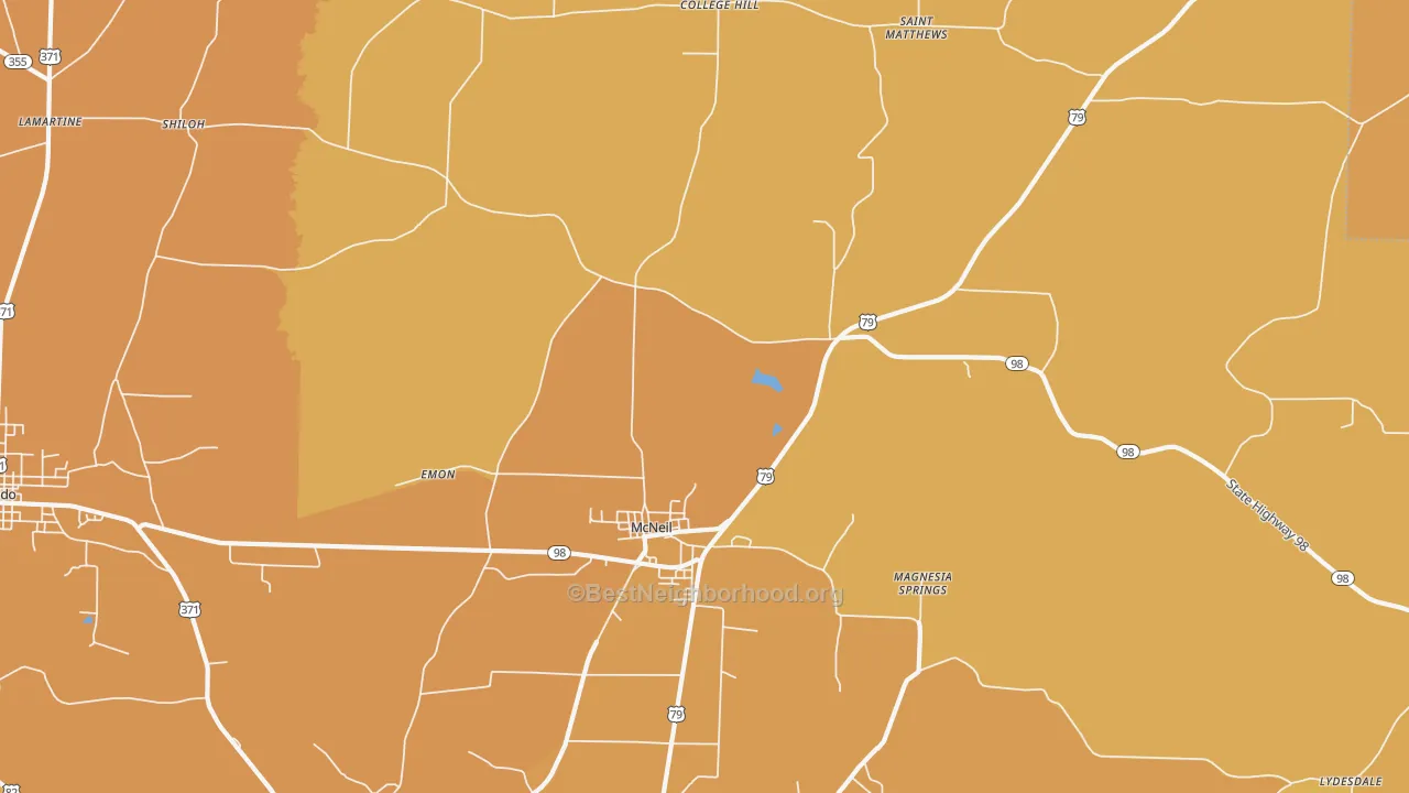 Map of the best neighborhoods in the 71752 area, with better matches in green and worse matches in red