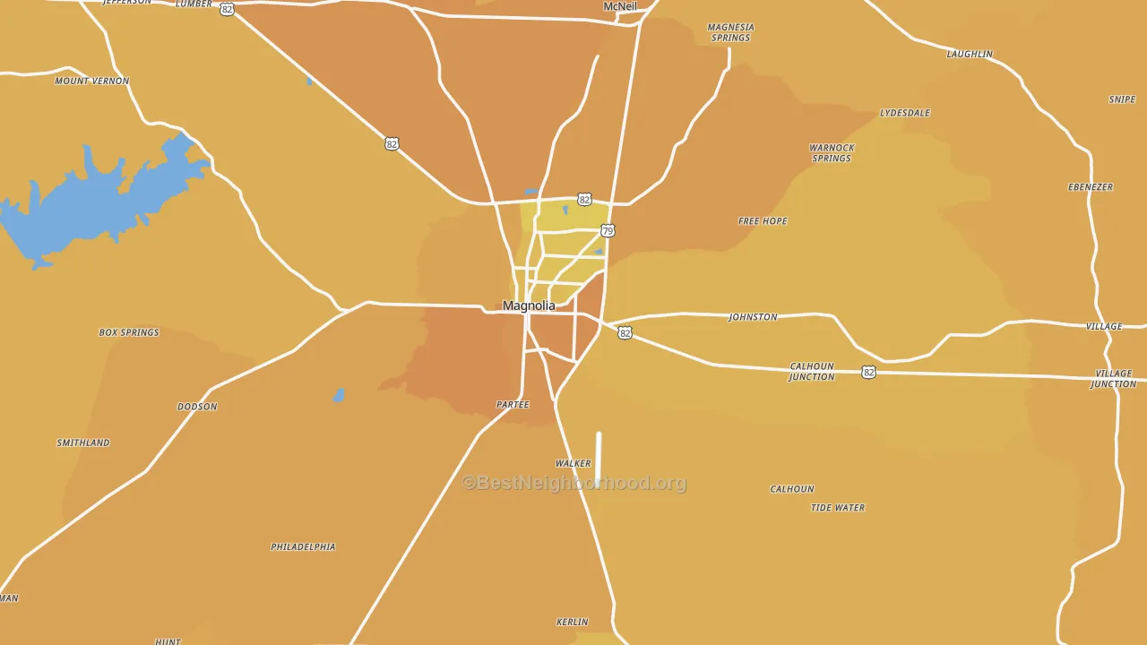 Map of the best neighborhoods in the 71753 area, with better matches in green and worse matches in red