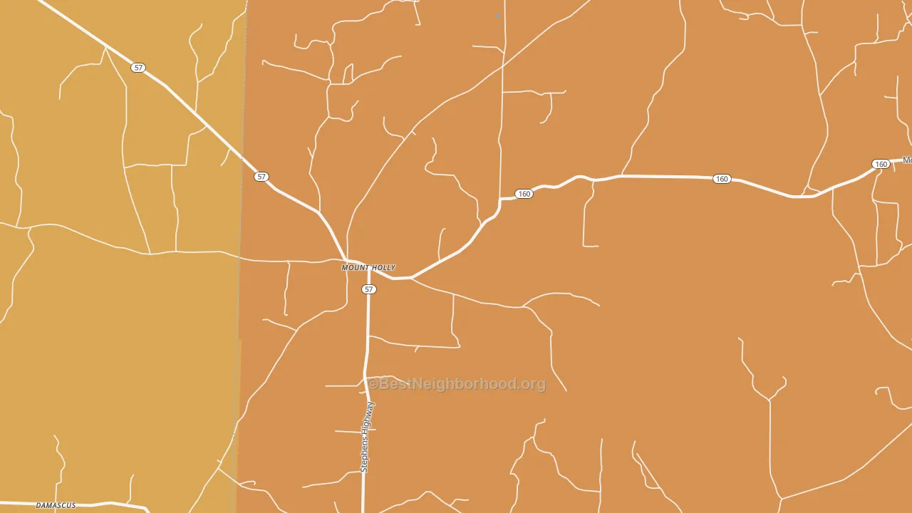 Map of the best neighborhoods in the 71758 area, with better matches in green and worse matches in red