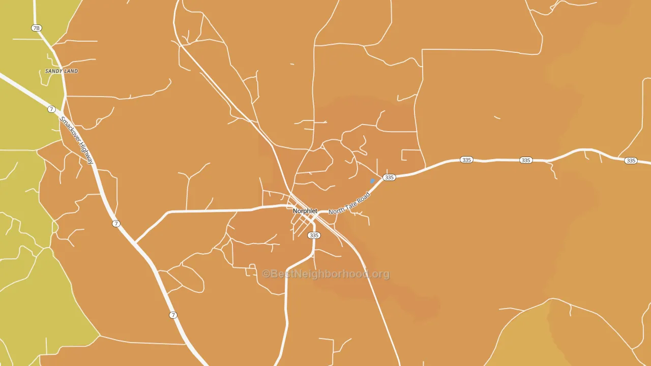 Map of the best neighborhoods in the 71759 area, with better matches in green and worse matches in red