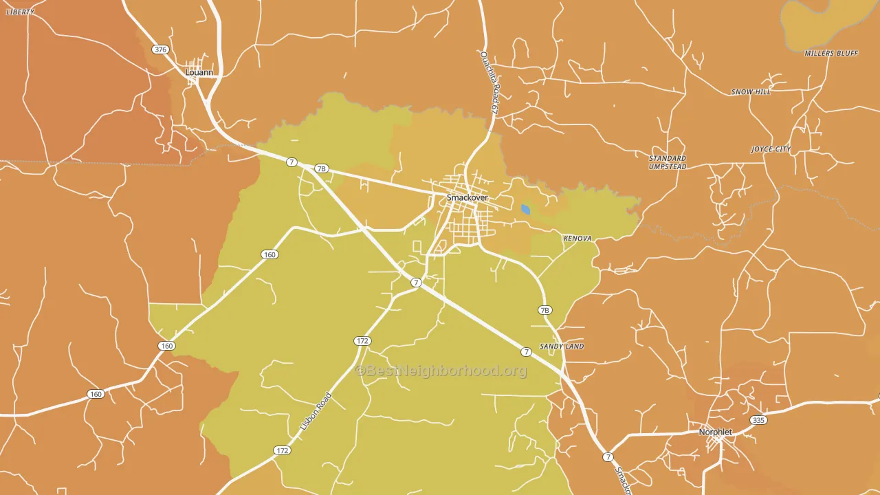 Map of the best neighborhoods in the 71762 area, with better matches in green and worse matches in red