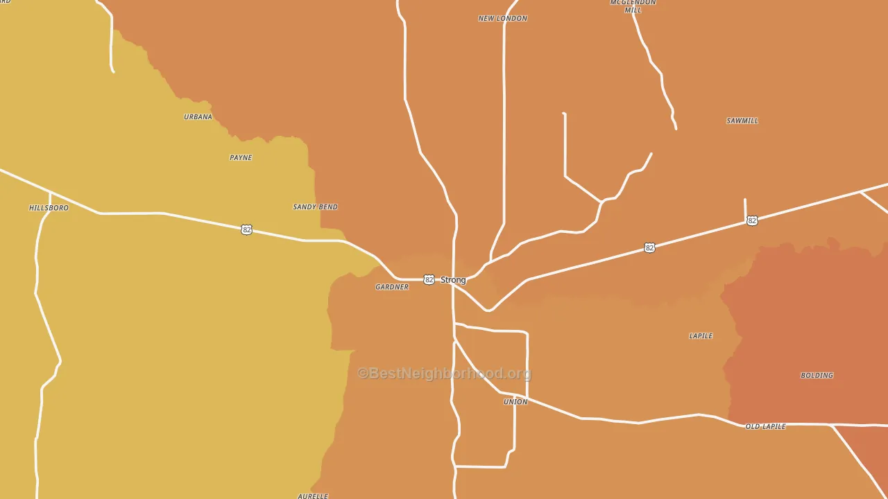 Map of the best neighborhoods in the 71765 area, with better matches in green and worse matches in red