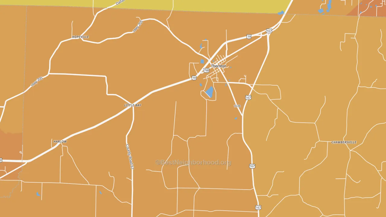 Map of the best neighborhoods in the 71766 area, with better matches in green and worse matches in red