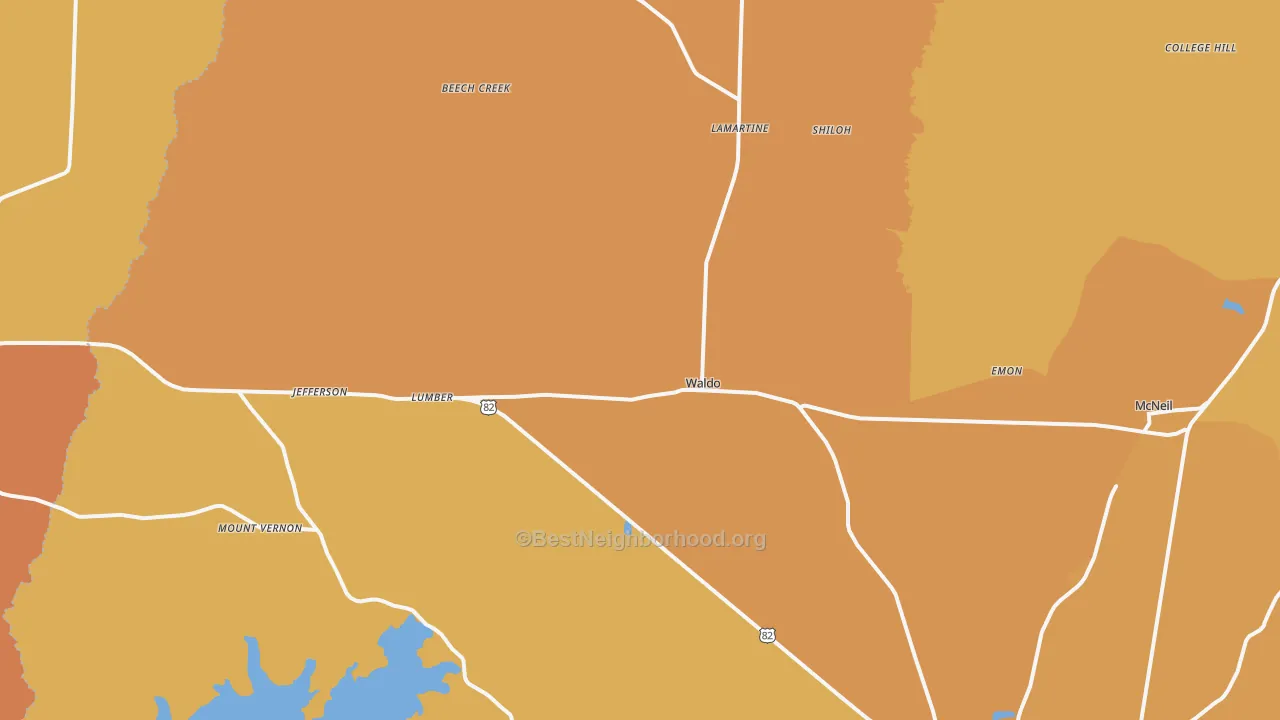 Map of the best neighborhoods in the 71770 area, with better matches in green and worse matches in red