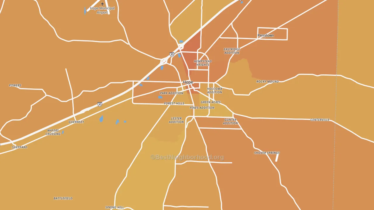 Map of the best neighborhoods in the 71801 area, with better matches in green and worse matches in red