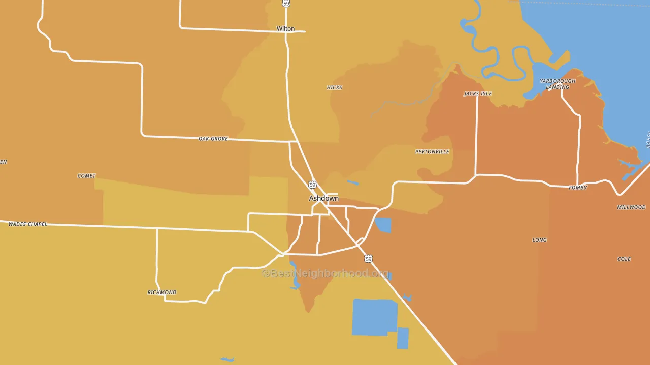 Map of the best neighborhoods in the 71822 area, with better matches in green and worse matches in red