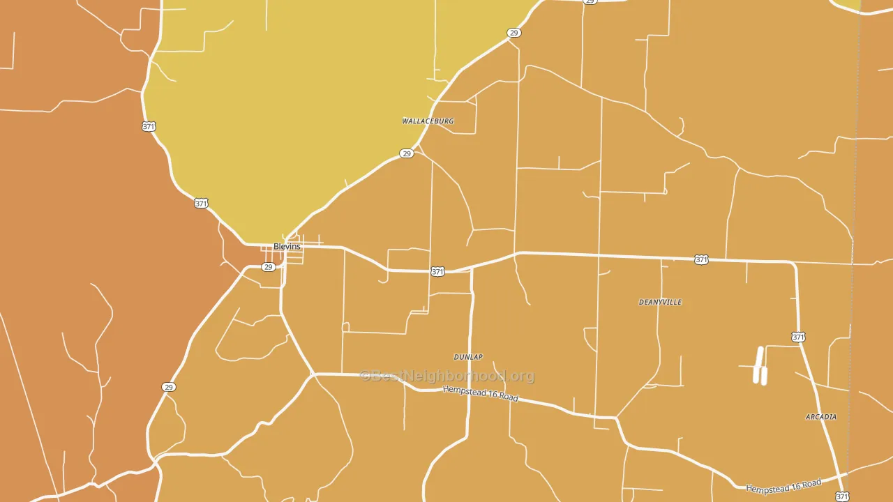 Map of the best neighborhoods in the 71825 area, with better matches in green and worse matches in red