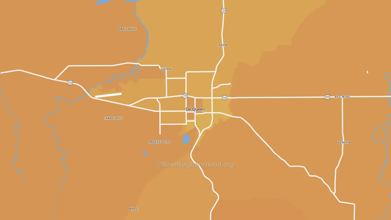 Map of the best neighborhoods in the 71832 area, with better matches in green and worse matches in red