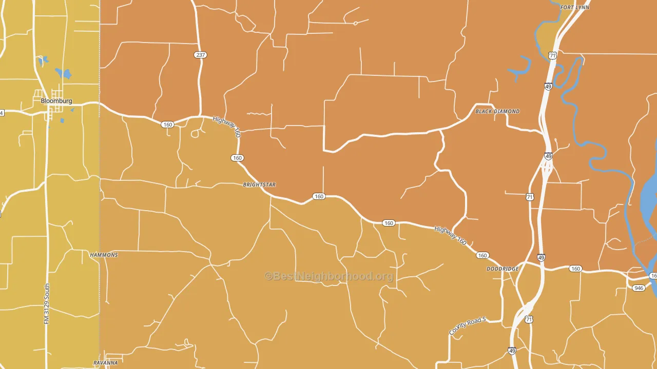 Map of the best neighborhoods in the 71834 area, with better matches in green and worse matches in red