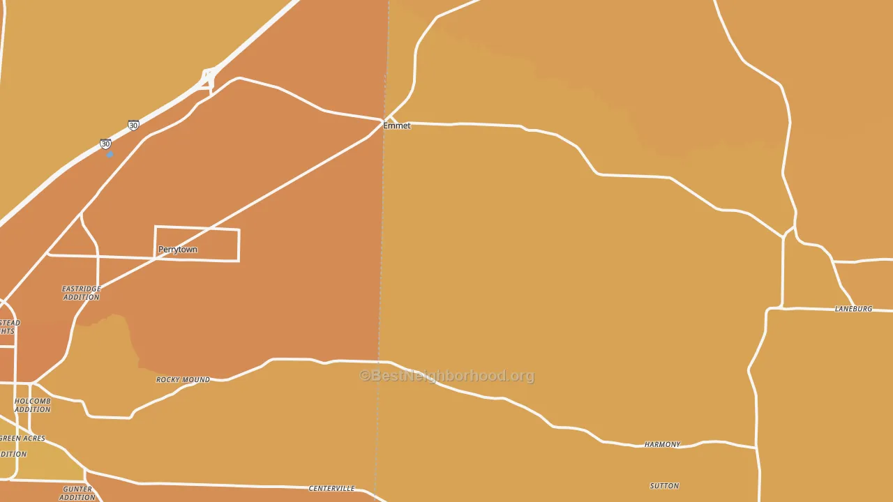 Map of the best neighborhoods in the 71835 area, with better matches in green and worse matches in red