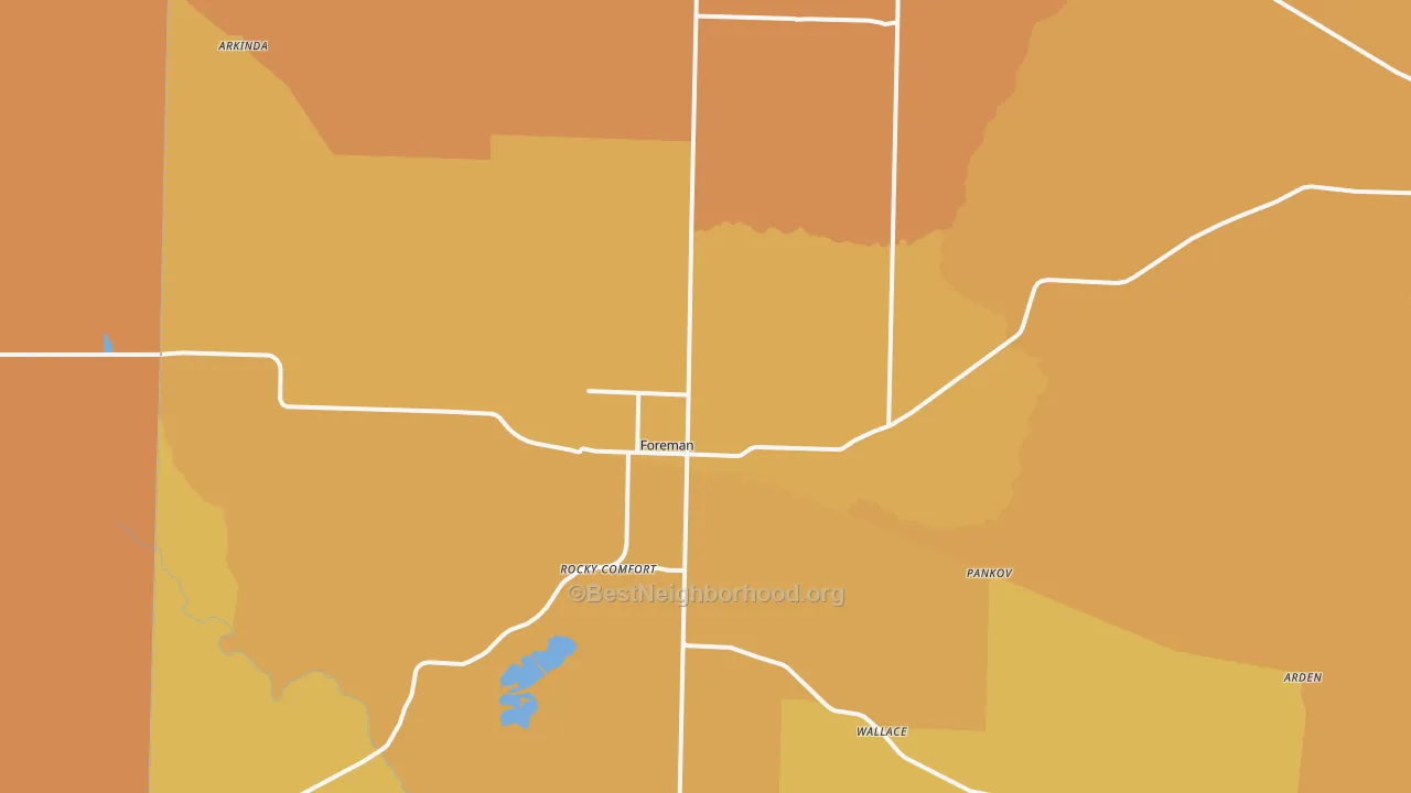 Map of the best neighborhoods in the 71836 area, with better matches in green and worse matches in red