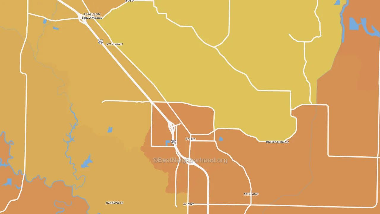 Map of the best neighborhoods in the 71837 area, with better matches in green and worse matches in red