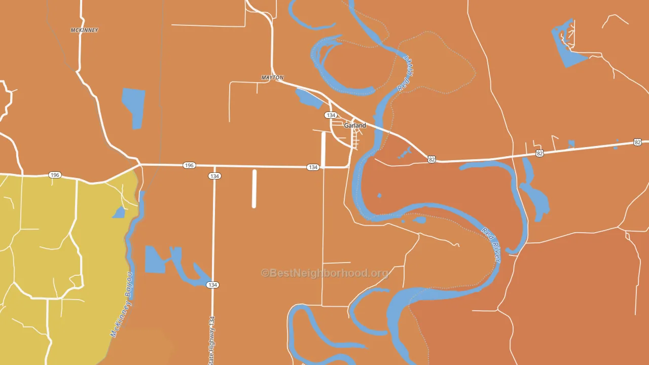 Map of the best neighborhoods in the 71839 area, with better matches in green and worse matches in red