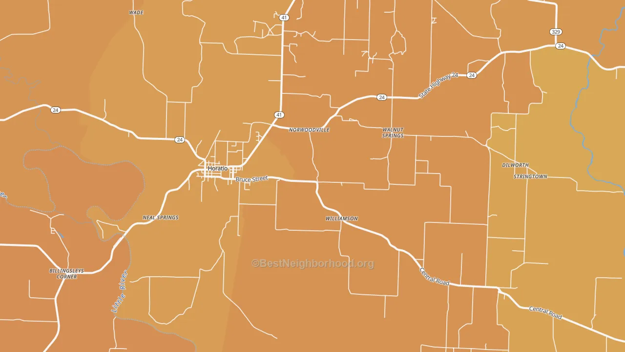 Map of the best neighborhoods in the 71842 area, with better matches in green and worse matches in red