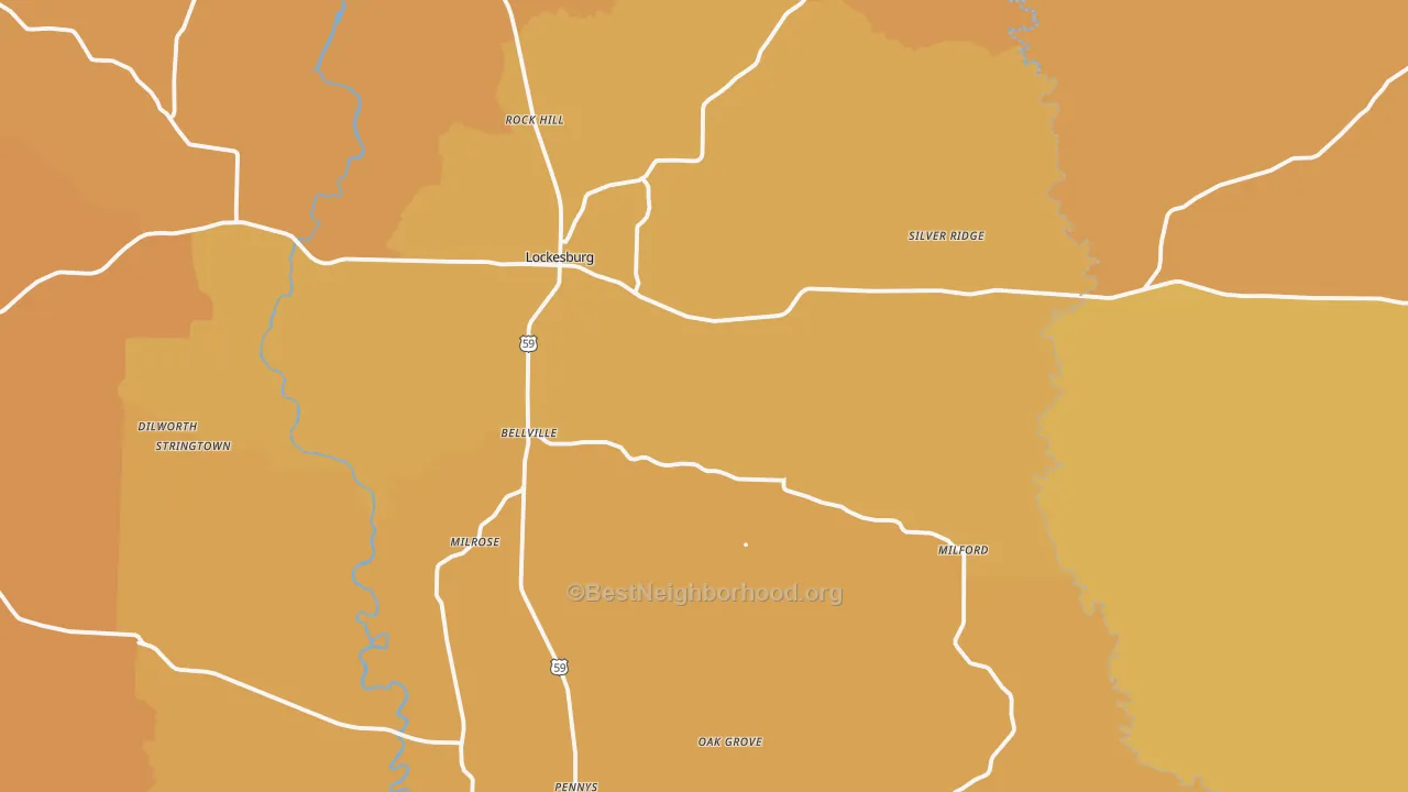 Map of the best neighborhoods in the 71846 area, with better matches in green and worse matches in red
