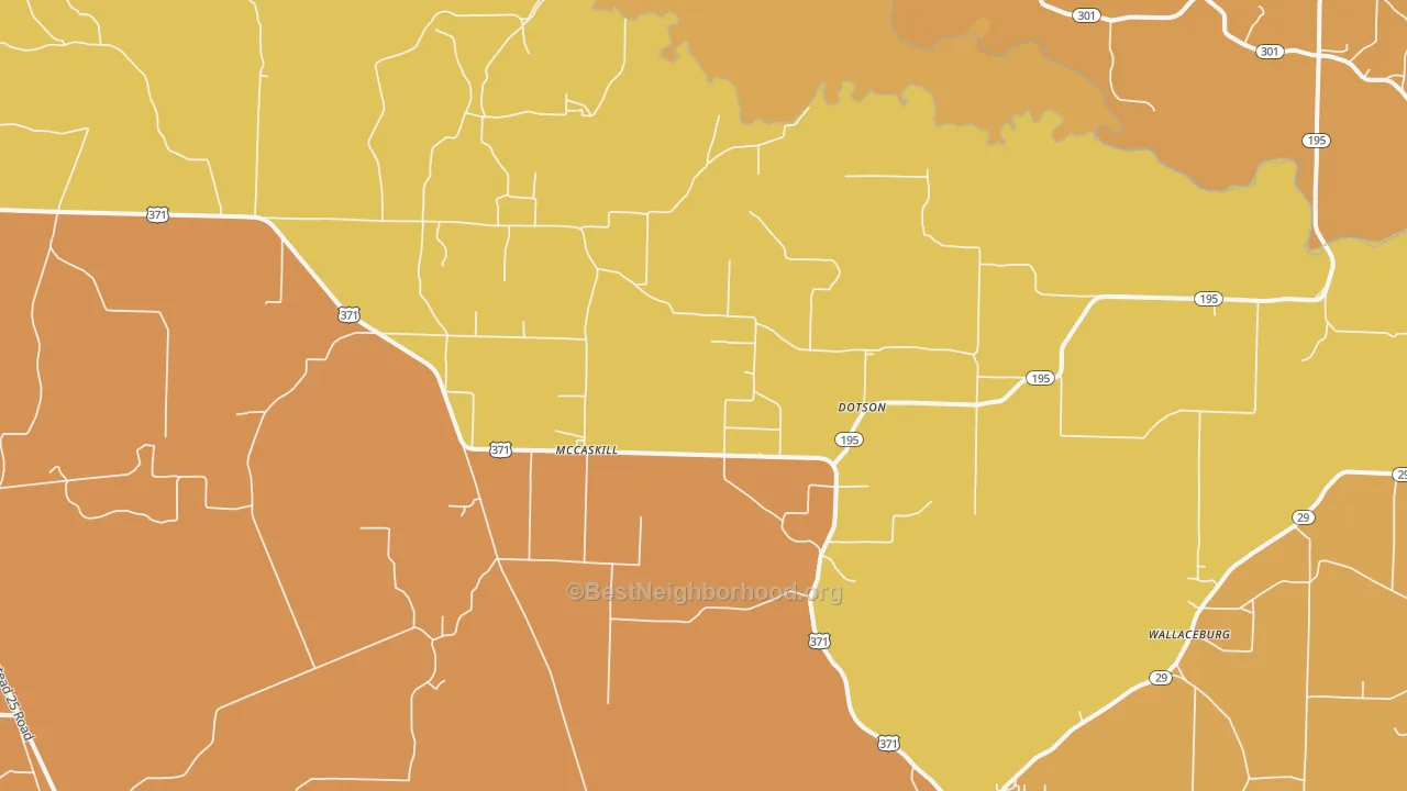 Map of the best neighborhoods in the 71847 area, with better matches in green and worse matches in red
