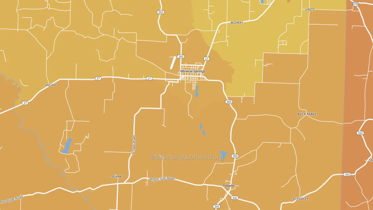 Map of the best neighborhoods in the 71851 area, with better matches in green and worse matches in red
