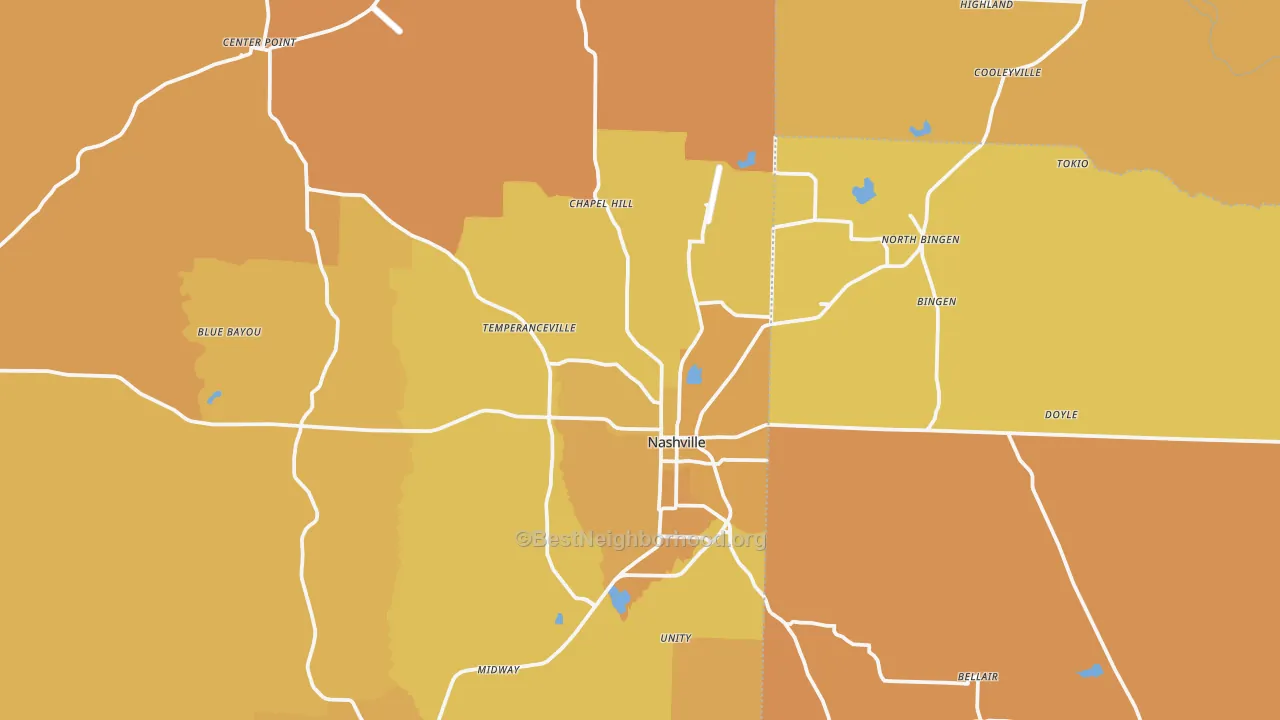 Map of the best neighborhoods in the 71852 area, with better matches in green and worse matches in red