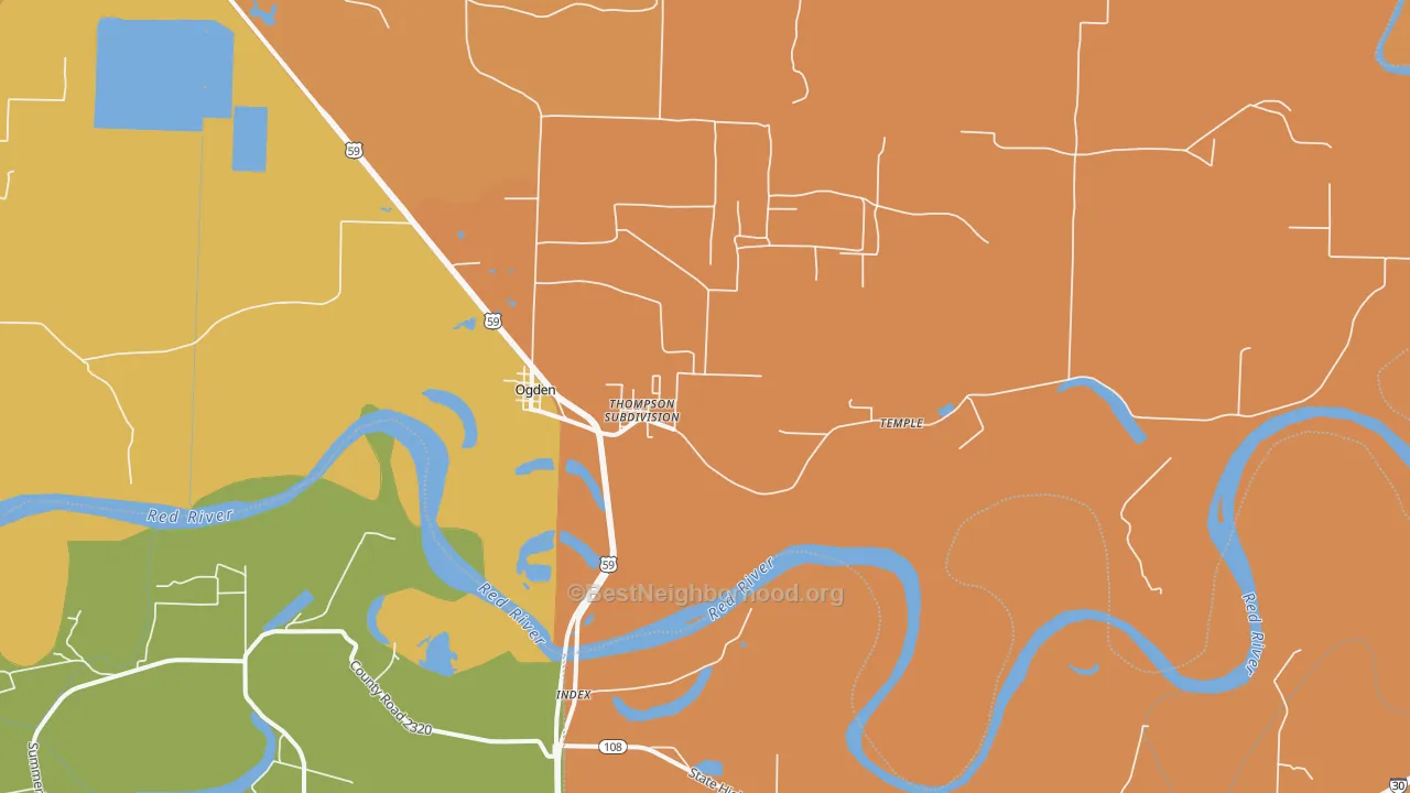 Map of the best neighborhoods in the 71853 area, with better matches in green and worse matches in red
