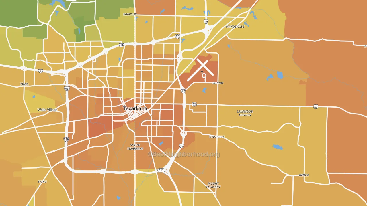 Map of the best neighborhoods in the 71854 area, with better matches in green and worse matches in red