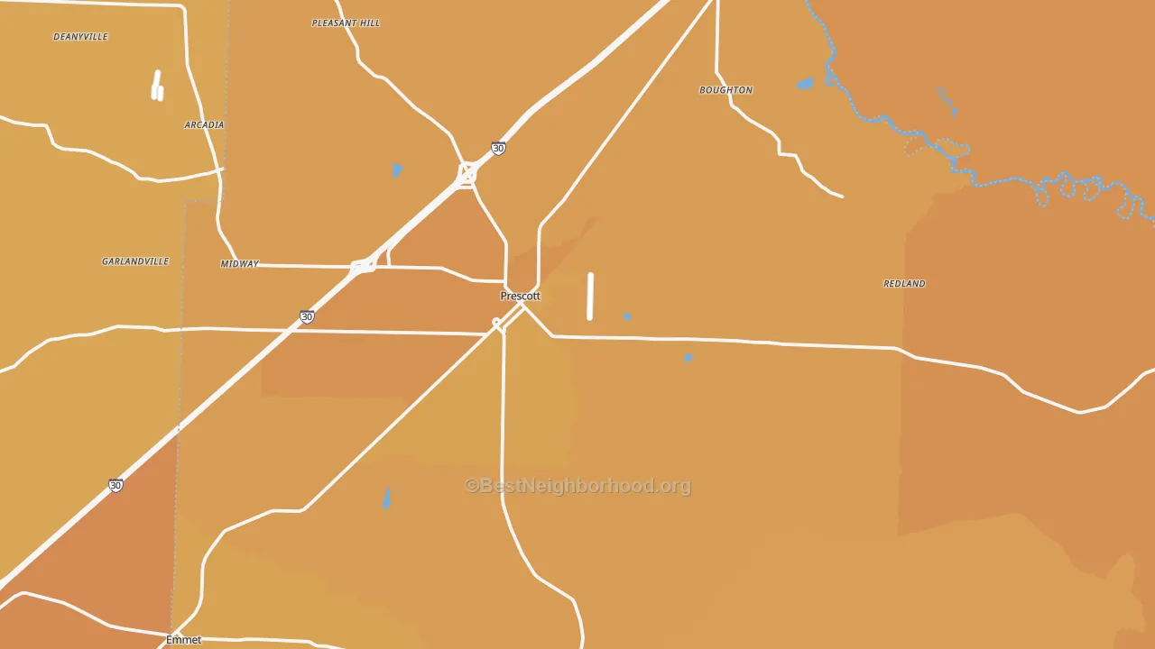 Map of the best neighborhoods in the 71857 area, with better matches in green and worse matches in red
