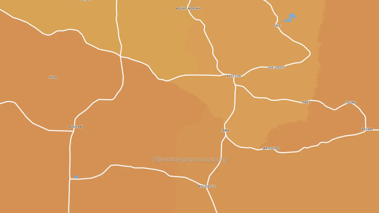 Map of the best neighborhoods in the 71858 area, with better matches in green and worse matches in red