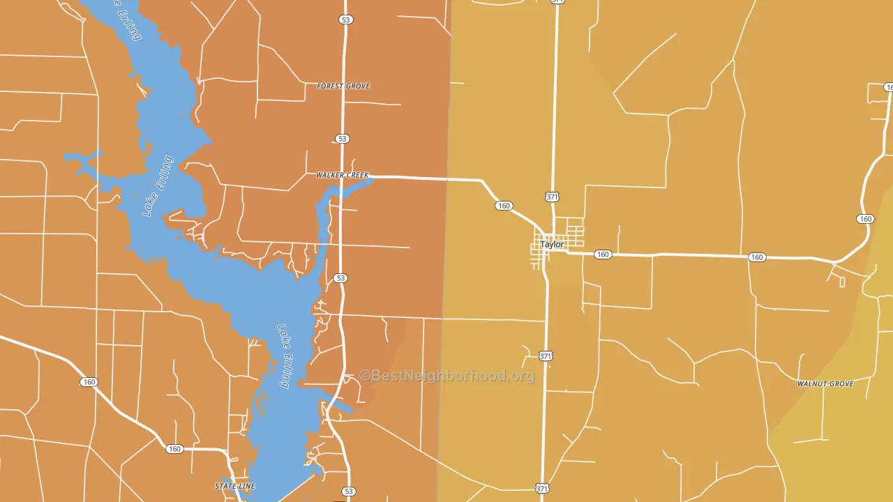 Map of the best neighborhoods in the 71861 area, with better matches in green and worse matches in red