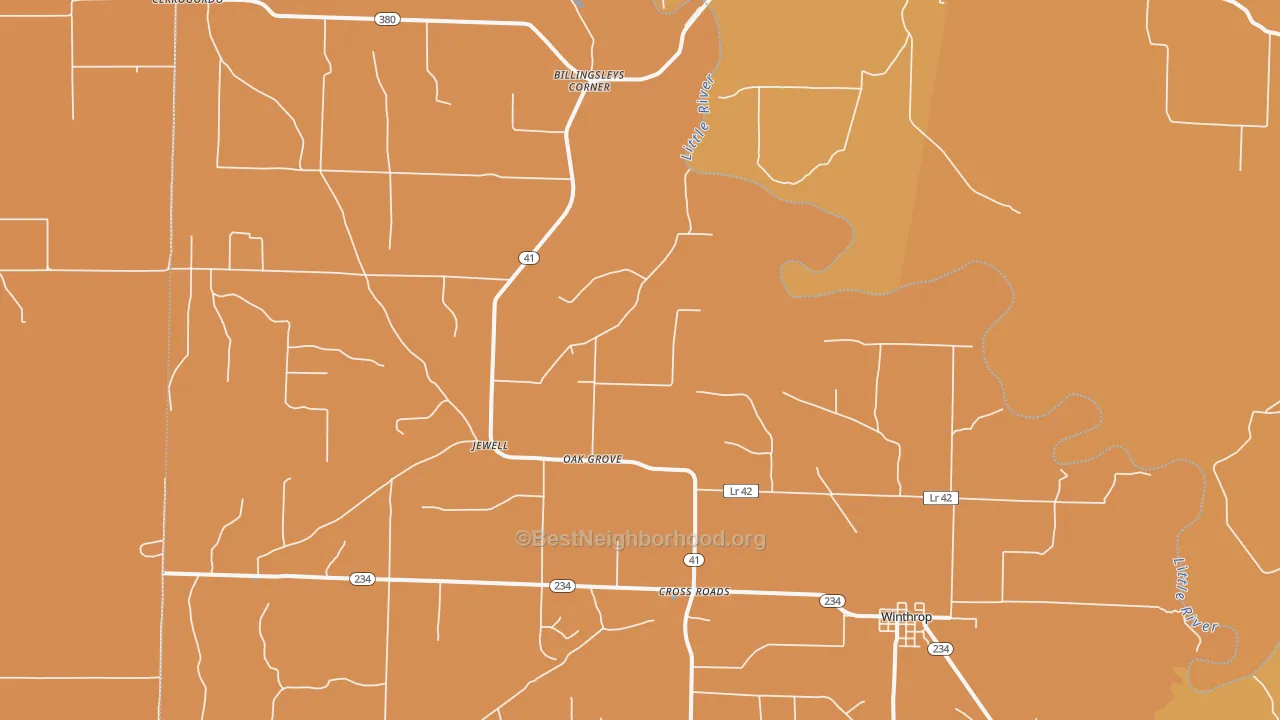 Map of the best neighborhoods in the 71866 area, with better matches in green and worse matches in red