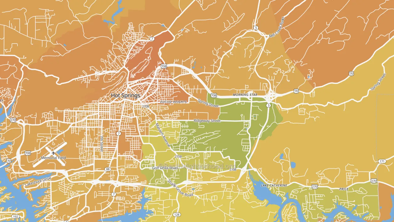 Map of the best neighborhoods in the 71901 area, with better matches in green and worse matches in red