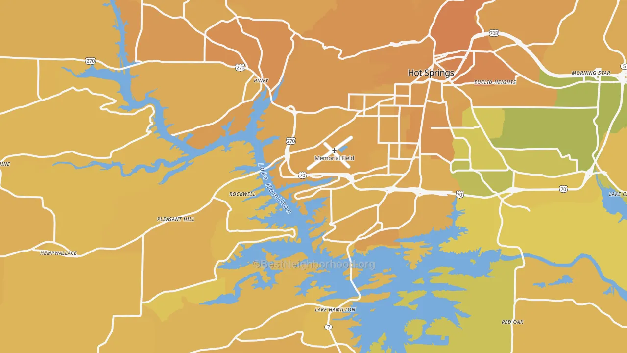 Map of the best neighborhoods in the 71913 area, with better matches in green and worse matches in red