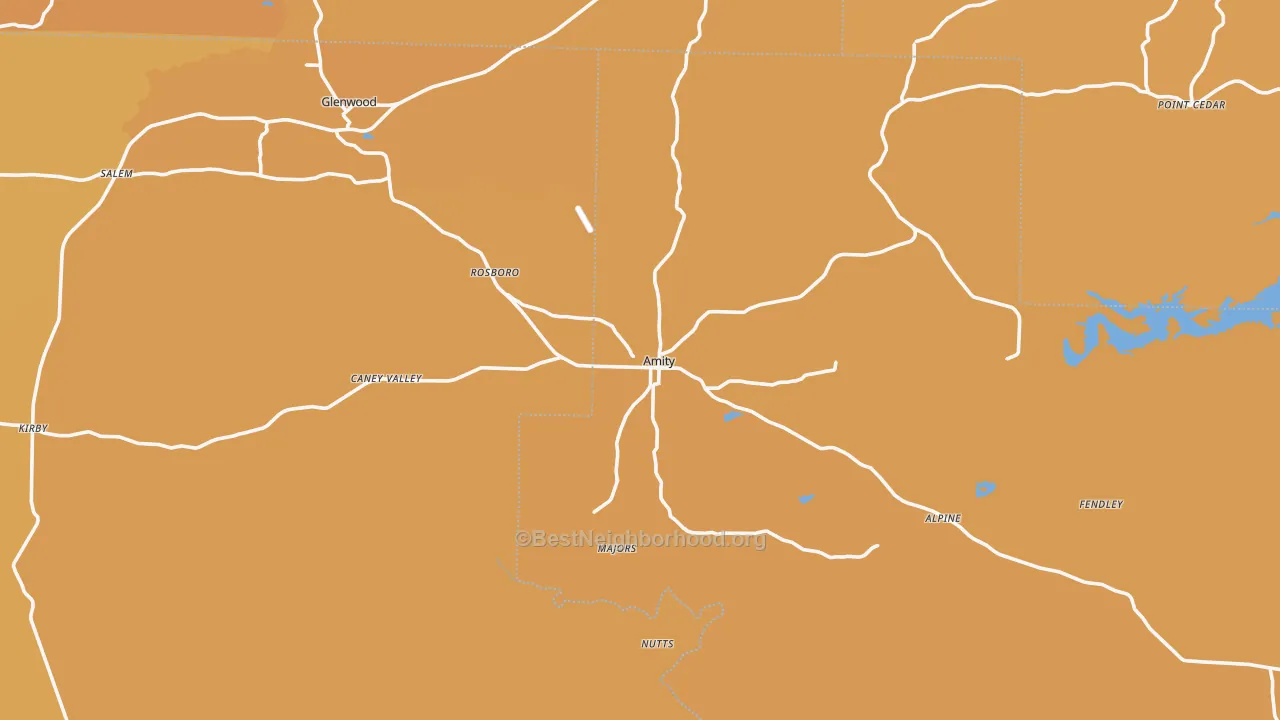 Map of the best neighborhoods in the 71921 area, with better matches in green and worse matches in red