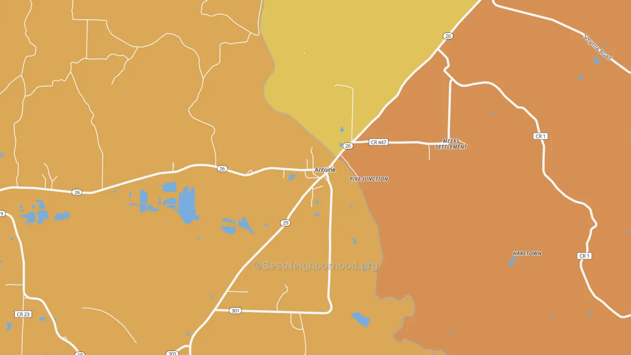 Map of the best neighborhoods in the 71922 area, with better matches in green and worse matches in red