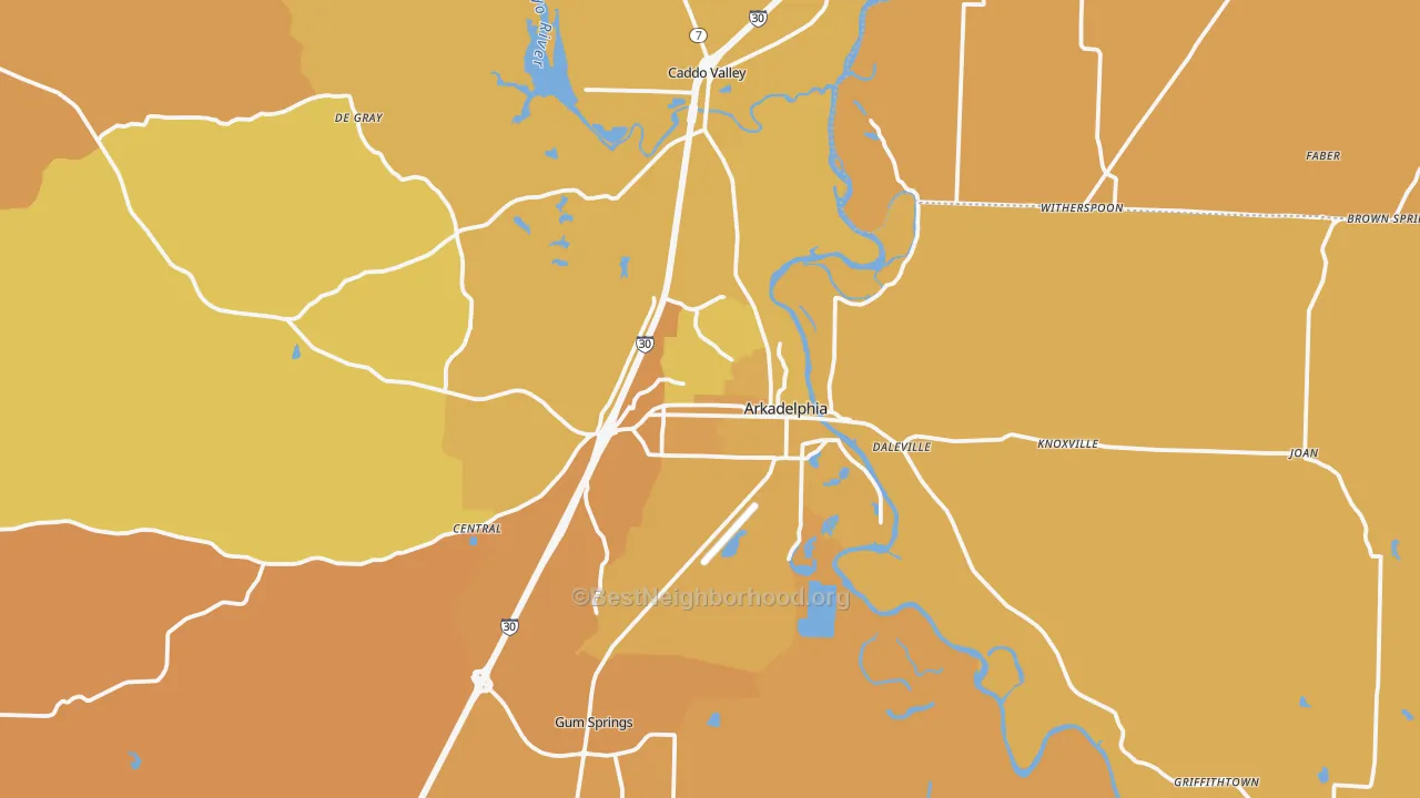 Map of the best neighborhoods in the 71923 area, with better matches in green and worse matches in red