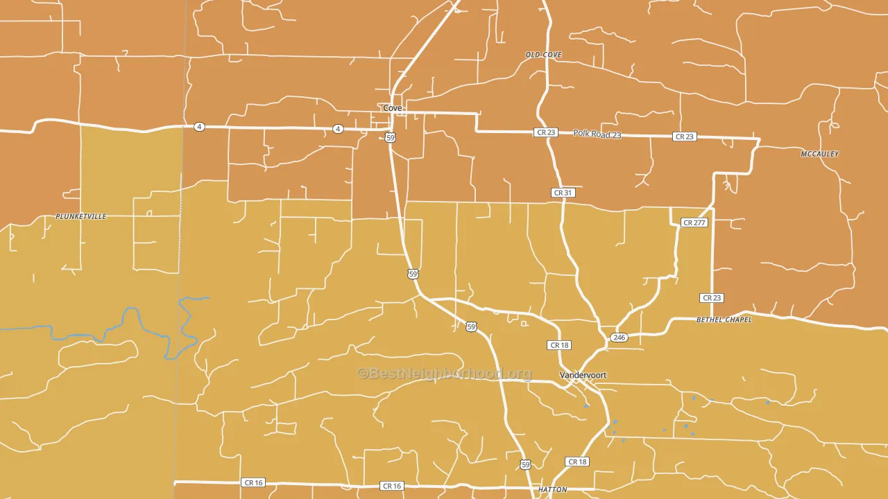 Map of the best neighborhoods in the 71937 area, with better matches in green and worse matches in red