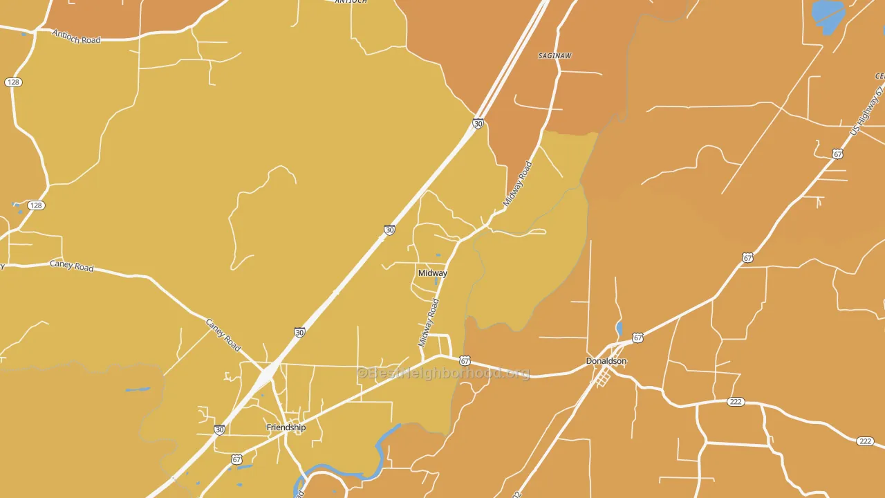 Map of the best neighborhoods in the 71941 area, with better matches in green and worse matches in red