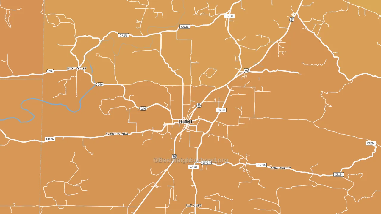 Map of the best neighborhoods in the 71945 area, with better matches in green and worse matches in red
