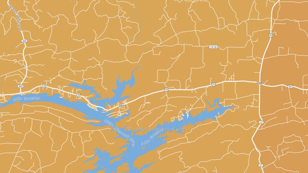 Map of the best neighborhoods in the 71950 area, with better matches in green and worse matches in red