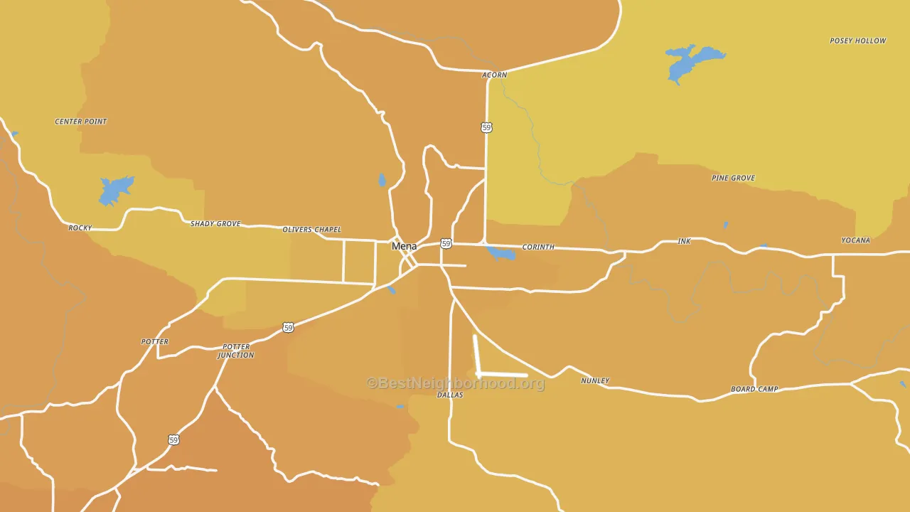 Map of the best neighborhoods in the 71953 area, with better matches in green and worse matches in red