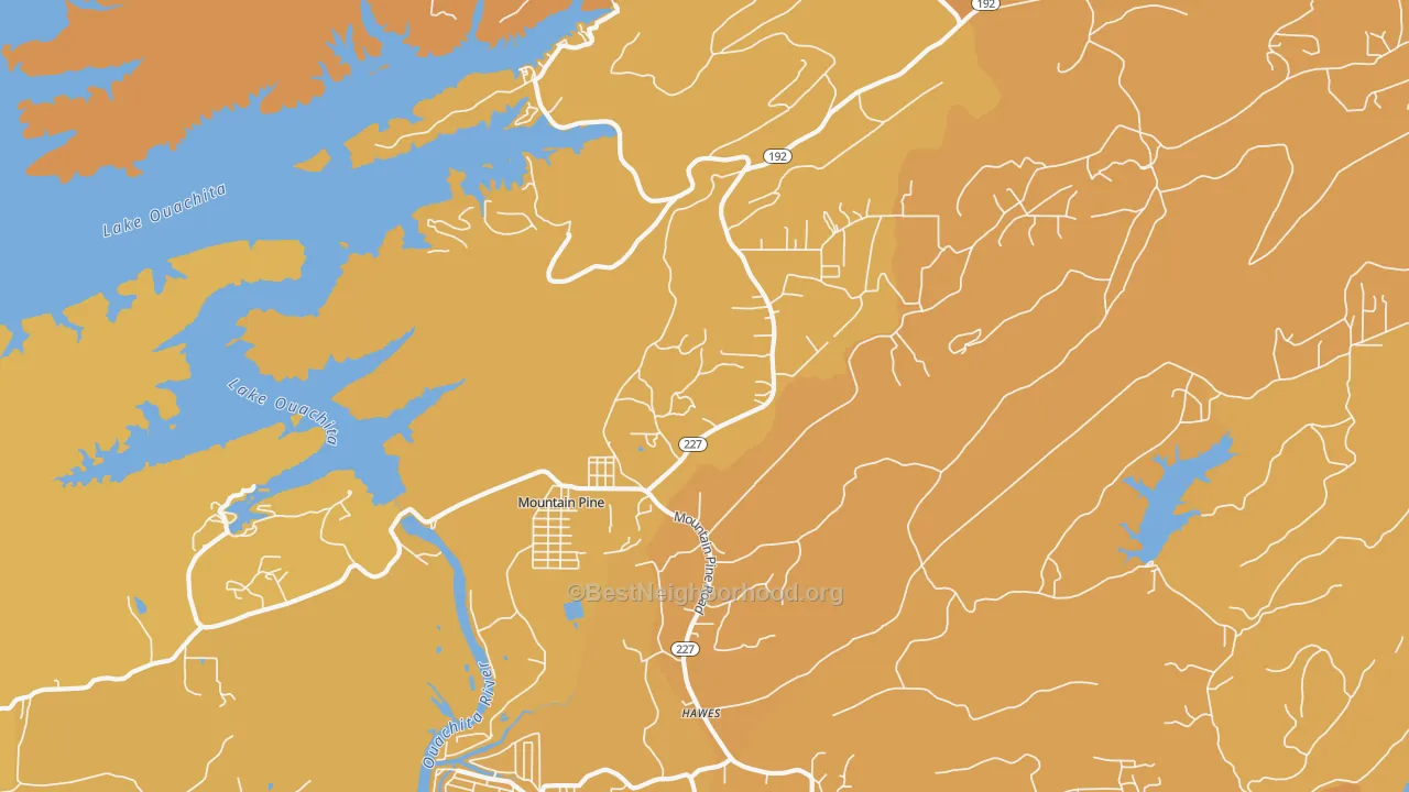 Map of the best neighborhoods in the 71956 area, with better matches in green and worse matches in red