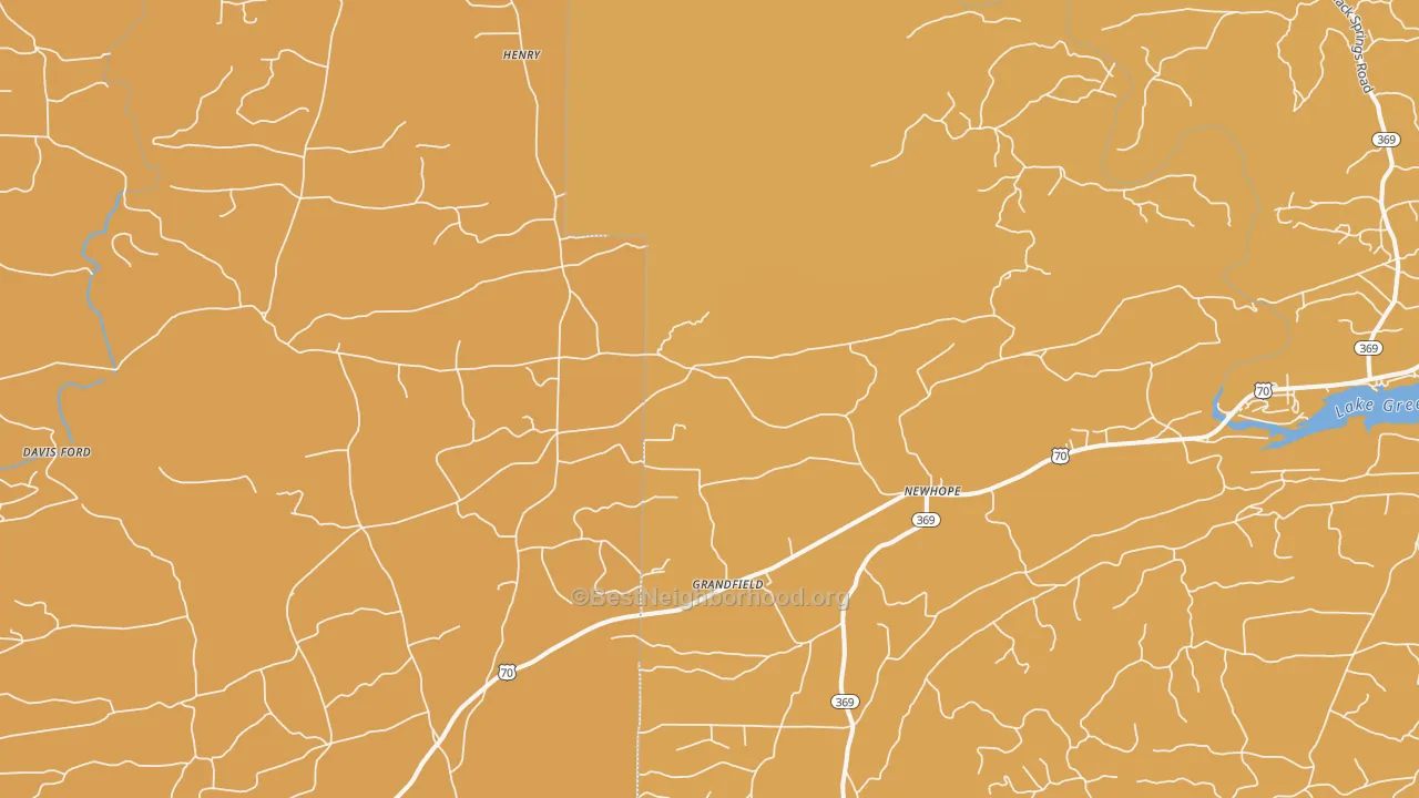 Map of the best neighborhoods in the 71959 area, with better matches in green and worse matches in red