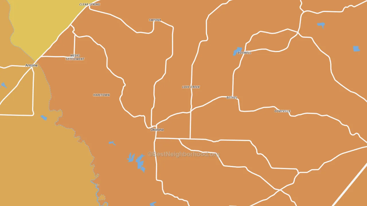 Map of the best neighborhoods in the 71962 area, with better matches in green and worse matches in red