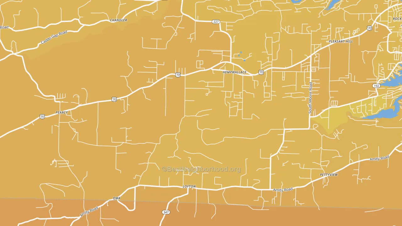 Map of the best neighborhoods in the 71964 area, with better matches in green and worse matches in red
