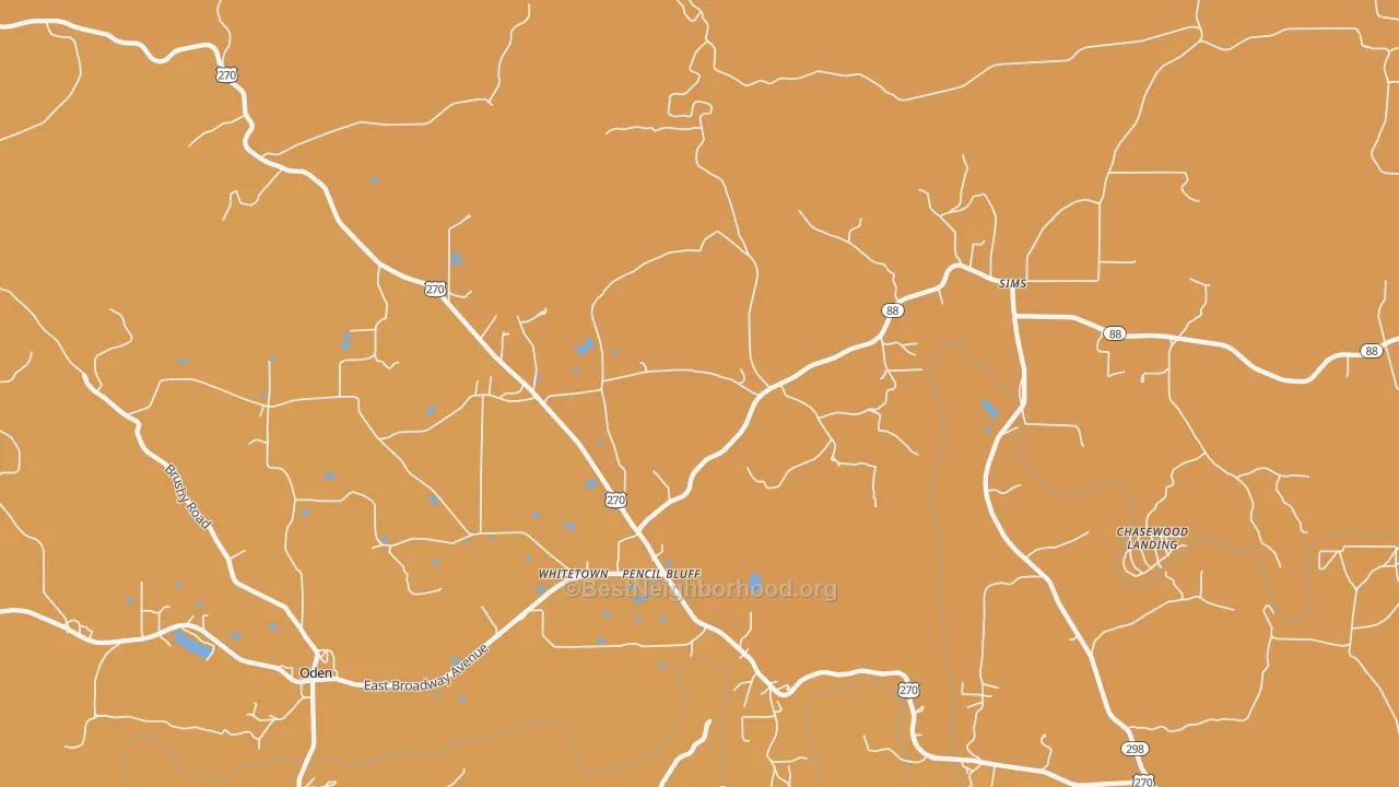 Map of the best neighborhoods in the 71965 area, with better matches in green and worse matches in red